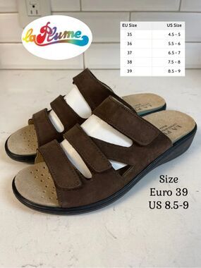 LA PLUME Doris Brown Nubuck Sandal Velcro Straps Size 39 “Like New”